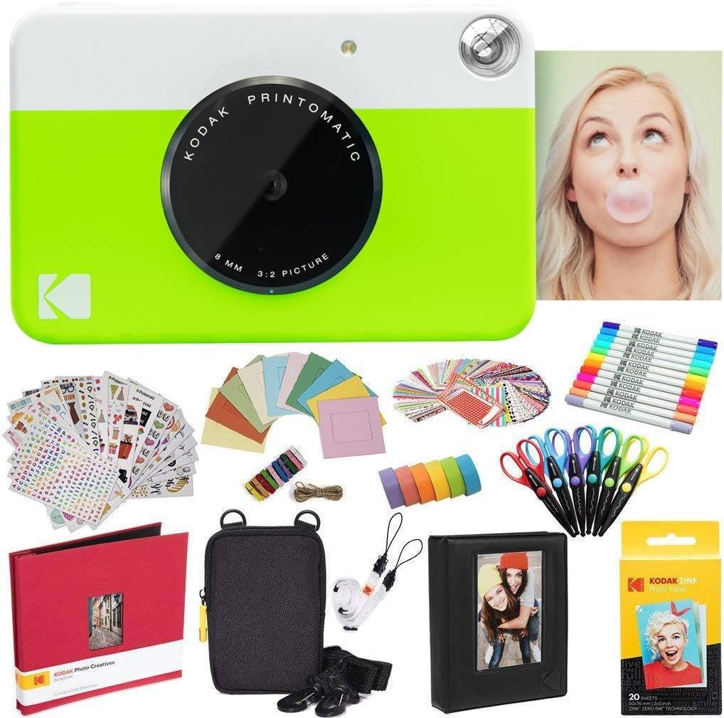 KODAK Printomatic Cámara instantánea (Verde) Paquete Todo Incluido con Papel fotográfico Zink (20 Hojas) y Mucho más.
