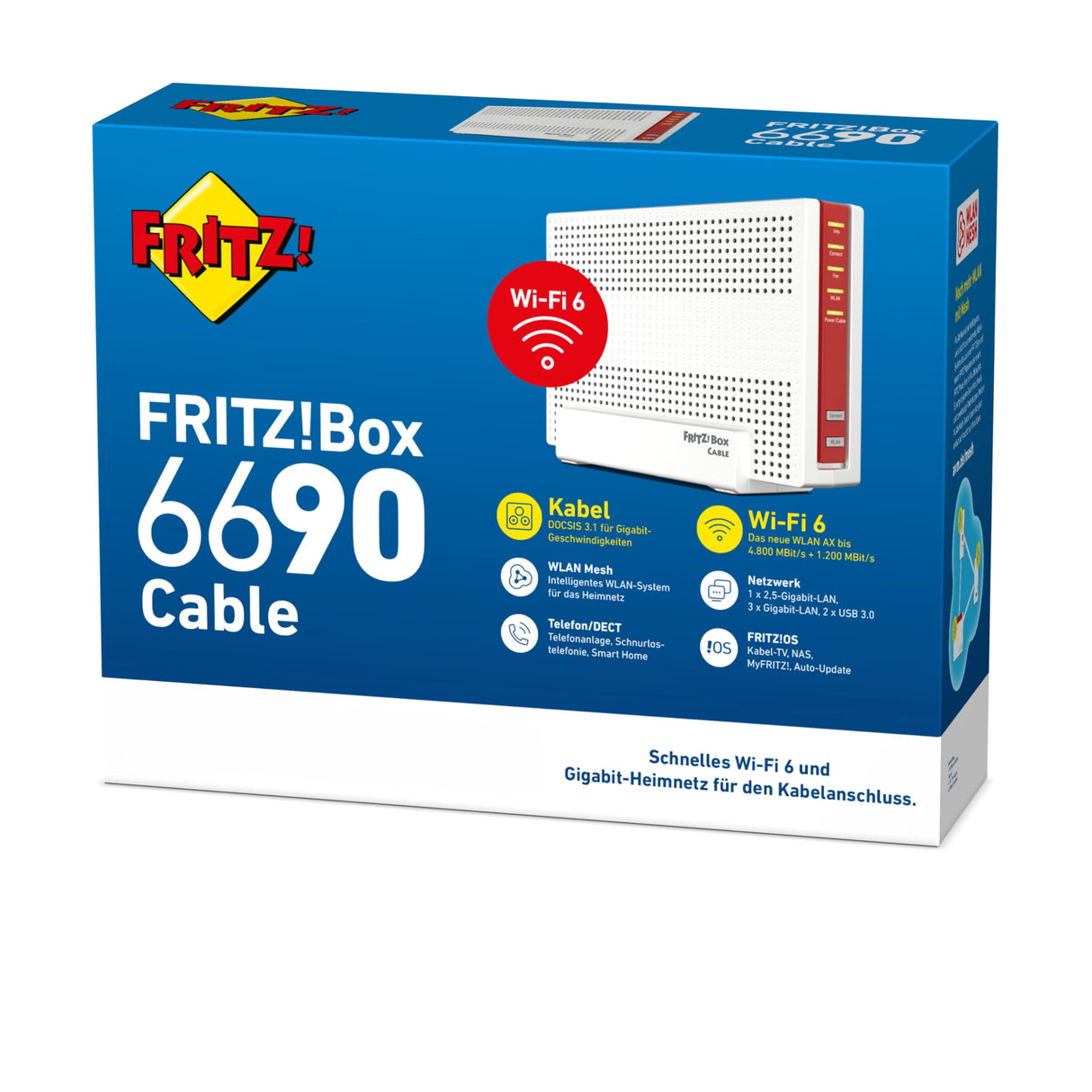 AVM ¡FRITZ! Cable Box 6690 (módem por cable DOCSIS 3.1, Wi-Fi 6 (WLAN AX) 4x4 con 4800 Mbps (5 GHz) + 1200 Mbps (2,4 GHz), 1 puerto LAN de 2,5 Gigabits, USB 3.0, DECT), blanco/rojo