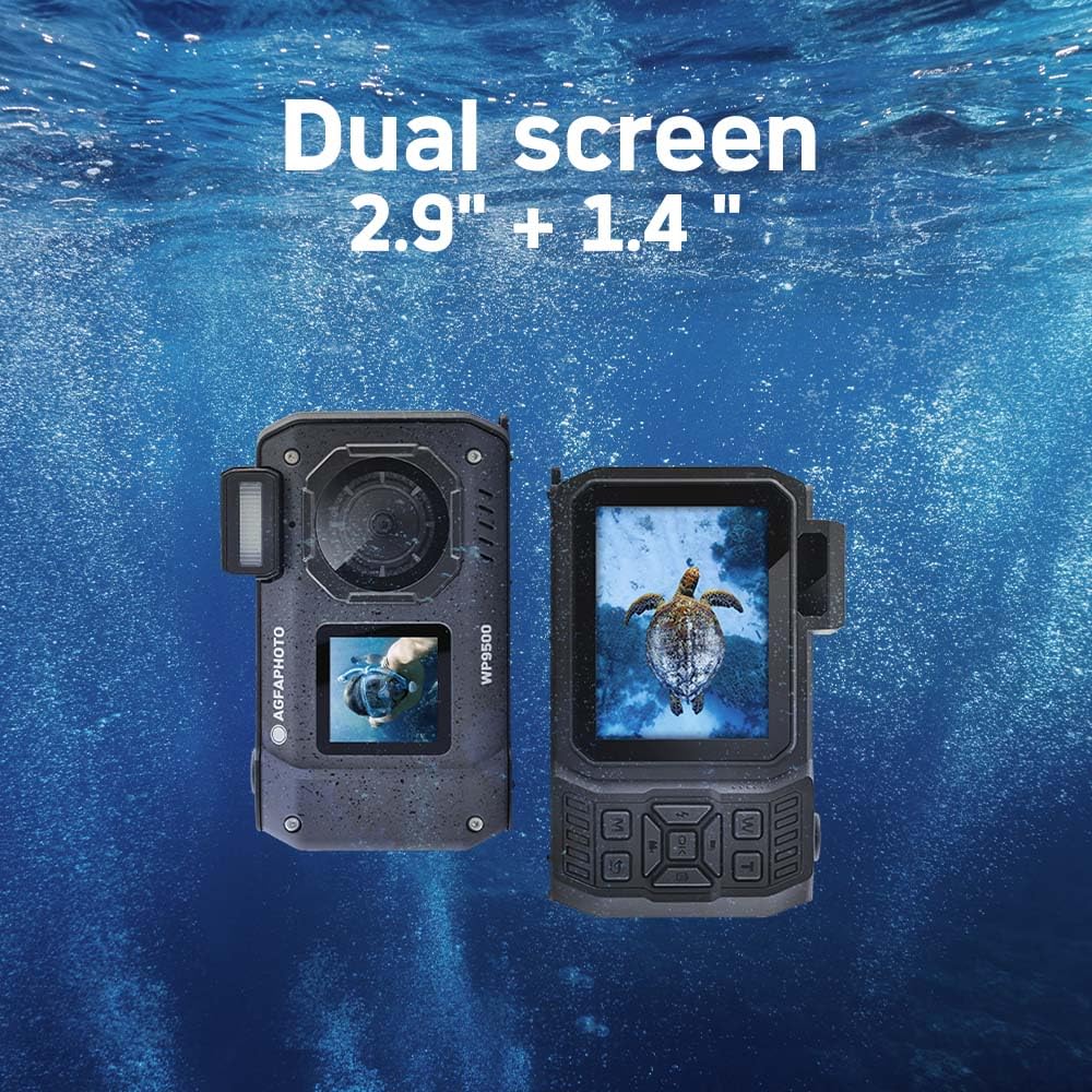 AgfaPhoto Realishot WP9500 - Cámara Digital Impermeable, Resistente al Agua 7m, 24 MP, Zoom Digital, Vídeo 4K, Doble Pantalla 2.9”/1.4”, Negro