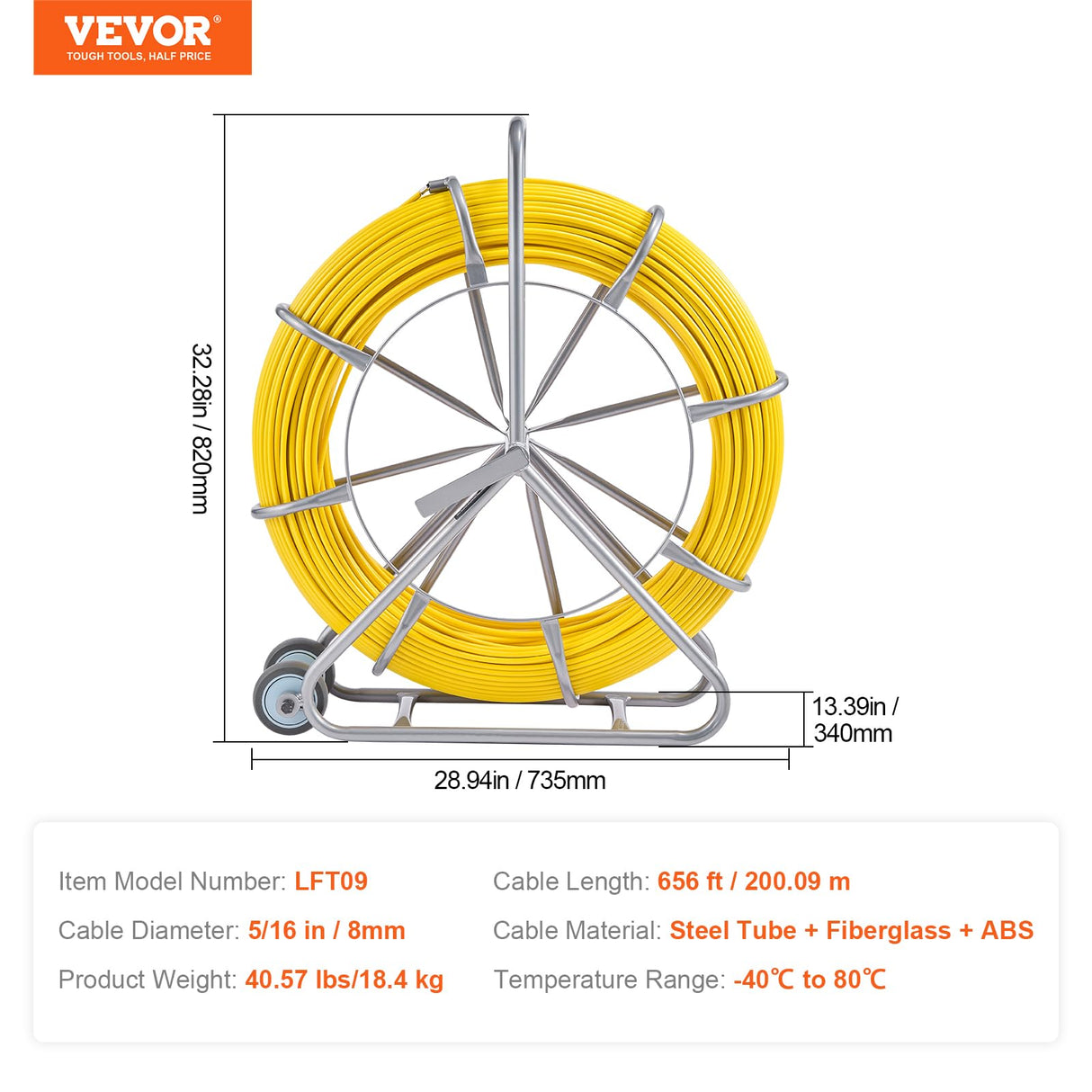 VEVOR Cinta de Pescado de Fibra de Vidrio de 200,09m Diámetro de 7,94mm Extractor de Cables con Varilla para Pasar Cables, Soporte de Carrete de Acero, 3 Cabezales de Extracción, Herramientas de Pesca