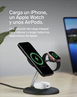 Belkin Soporte de Carga inalámbrica 3 en 1 con MagSafe, Cargador magnético Qi2 de 15 W, Carga rápida para iPhone 16, 15, 14 y 13, AirPods, Apple Watch y Otros (Fuente de alimentación incluida), Negro