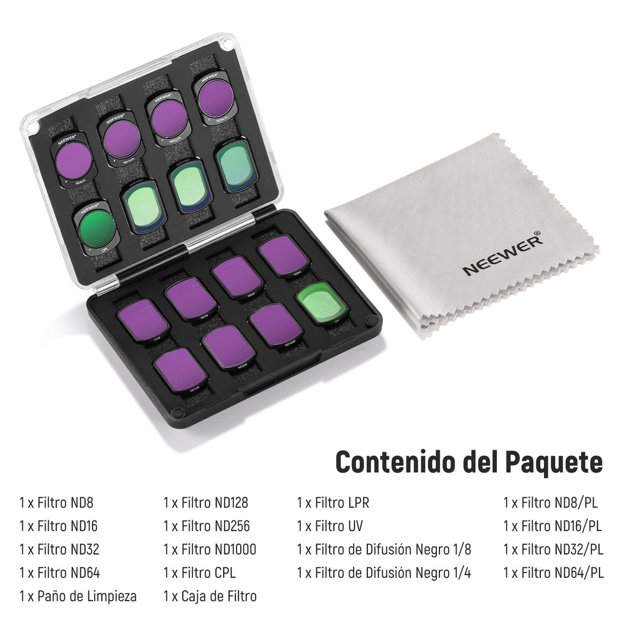 NEEWER Juego de 16 Filtros para Pocket 3, ND8 ND16 ND32 ND64 ND128 ND256 ND1000 ND8/PL ND16/PL ND32/PL ND64/PL Difusión Negra 1/4 1/8 Contaminación Luz UV CPL Compatible con DJI Osmo Pocket 3, FL-B06
