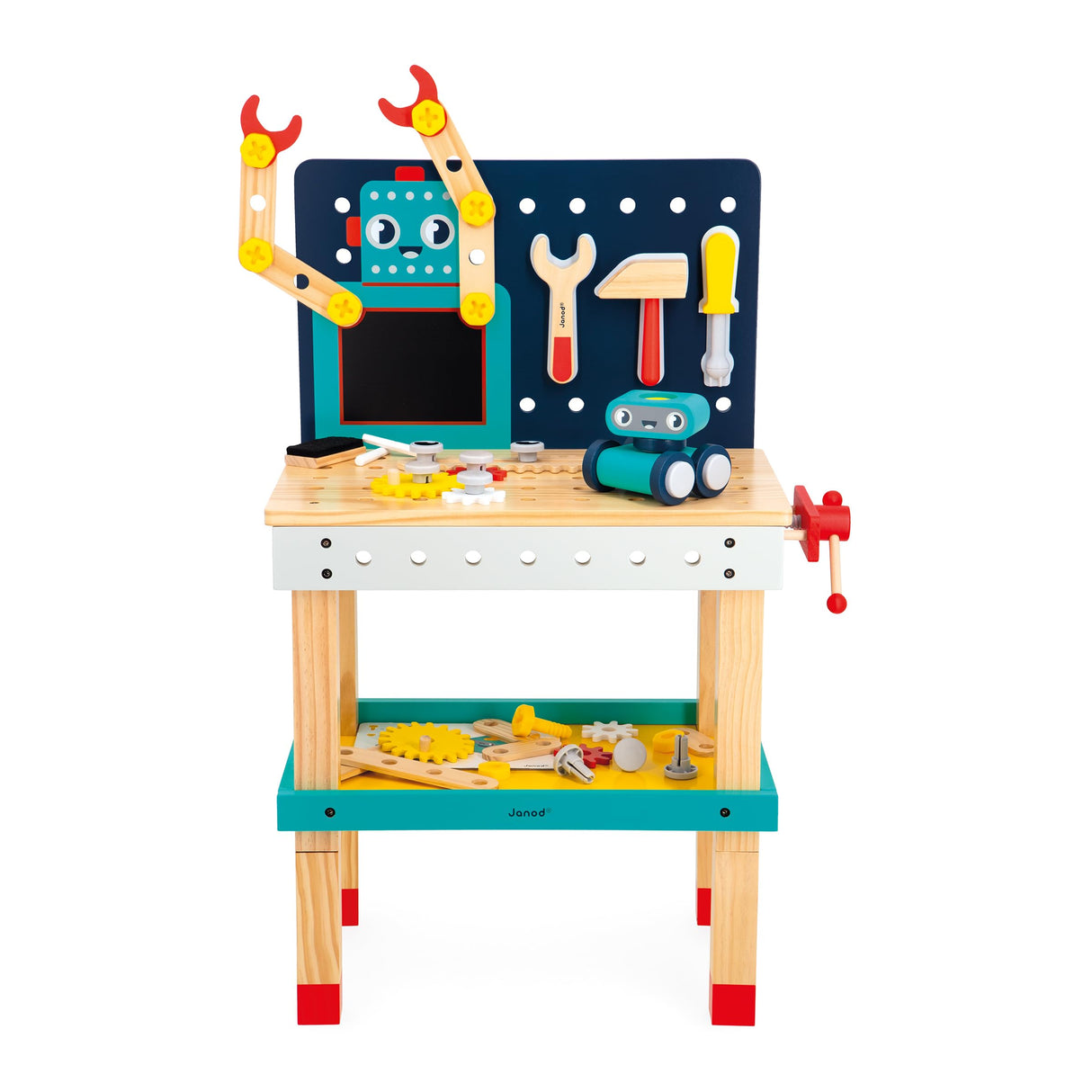 Janod - Mesa Grande Robot Brico'Kids - Juego de Bricolaje Infantil - 51 Accesorios + 3 Herramientas + 1 Robot - Juego de Imitación - Desarrolla la Motricidad Fina - A Partir de 36 Meses, J06457