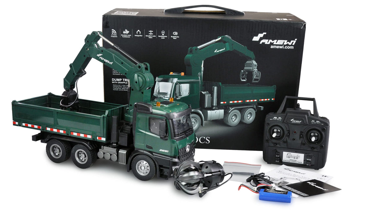 Amewi Mercedes-Benz Arocs Camión grúa con volquete RTR Verde, Incluye batería y Mando a Distancia