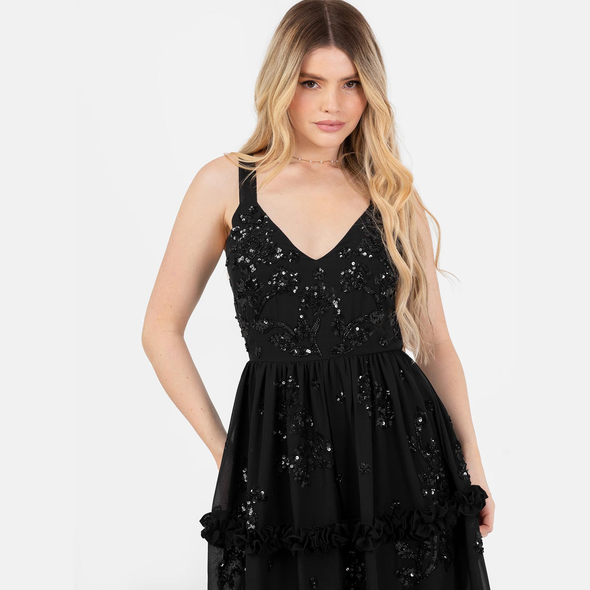 Maya Deluxe Women's Maxi Dress Ladies Sleeveless V-Neck Sequin Embellished Floral Ruffle Chiffon A-Line Open Back Tie Prom Ball Gown, Black, 38
