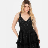 Maya Deluxe Women's Maxi Dress Ladies Sleeveless V-Neck Sequin Embellished Floral Ruffle Chiffon A-Line Open Back Tie Prom Ball Gown, Black, 38