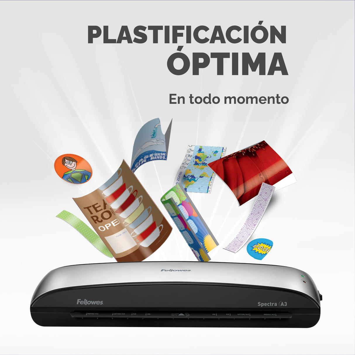 Fellowes Spectra A3 - Plastificadora de documentos, 80-125 micras, para uso ocasional, libre de atascos, color negro y plateado, 10 fundas de plastificar gratis