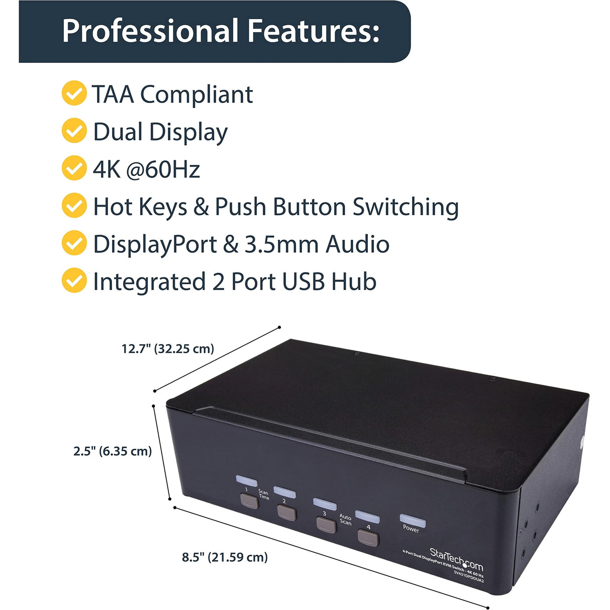 StarTech.com Switch Conmutador KVM de 4 Puertos Dobles DisplayPort de 4K 60Hz - KVM de 4 Puertos Duales DP