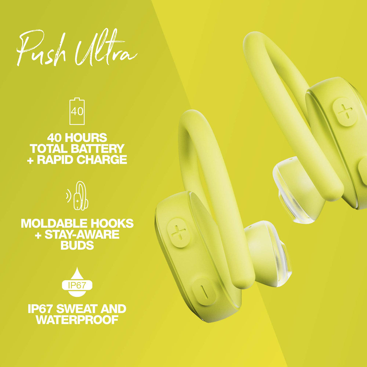 SKULLCANDY Auriculares Deportivos inalámbricos Push Ultra True inalámbricos vía Bluetooth, Resistencia al Sudor IP67 y al Agua, hasta 40 Horas de batería Total, Color Amarillo eléctrico.