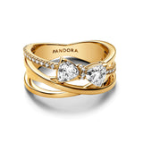 PANDORA Anillo para mujer con lazo brillante, color dorado 163511C01, 52/16,6, Plata de ley, Zirconia cúbica