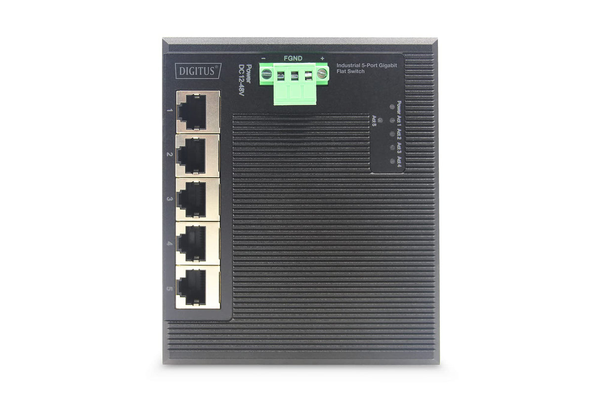DIGITUS Conmutador de Red Plano - 5 Puertos Gigabit Ethernet - Montaje en Carril DIN - Bloque de terminales - Sin Ventilador - Negro/Azul