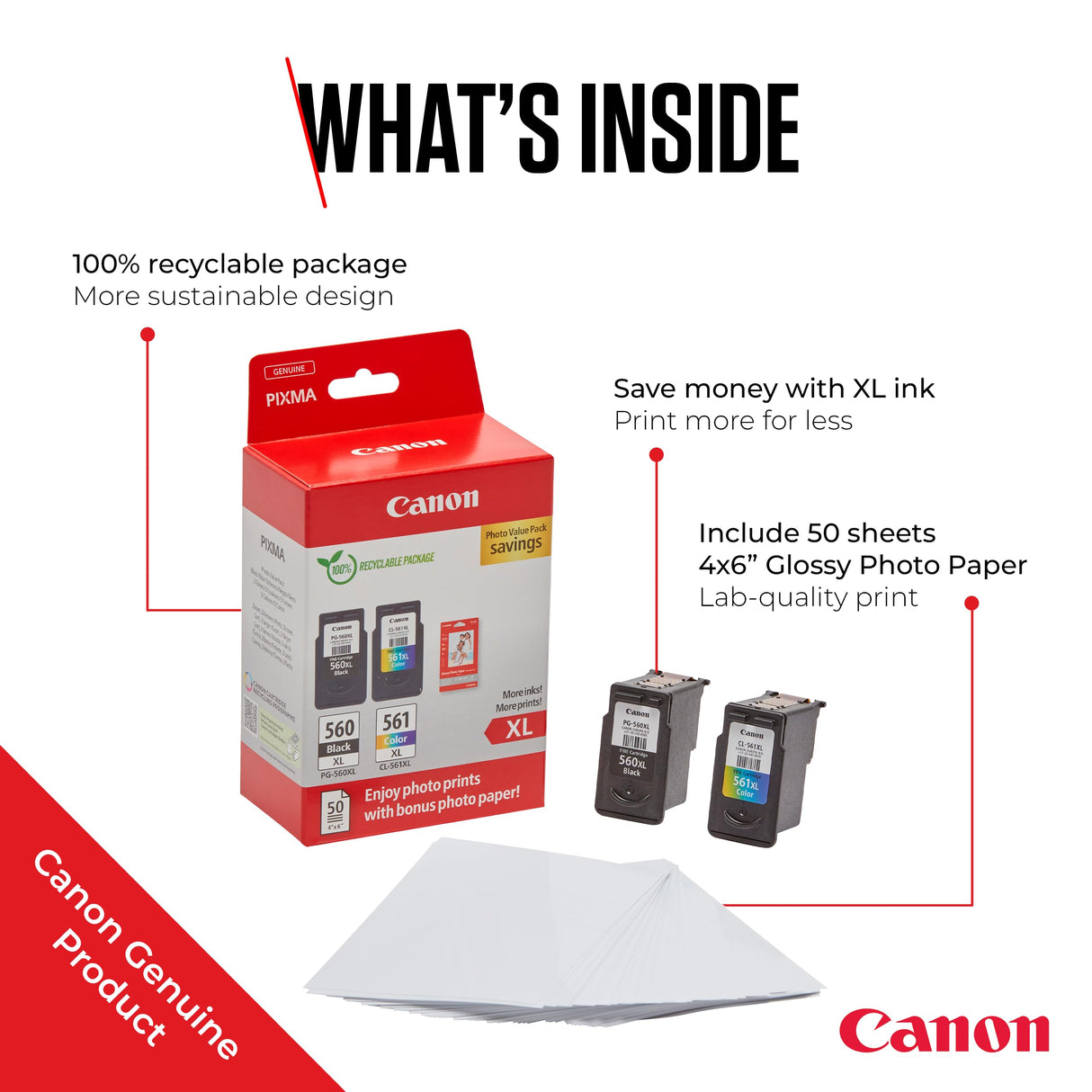 Canon Tinta y Papel Multipack - PG-560XL/CL-561XL Cartuchos de Tinta Genuinos 2 Pack (1 x Negro XL, 1 x Color XL) & Papel Fotográfico 4x6 (50 x Hojas)
