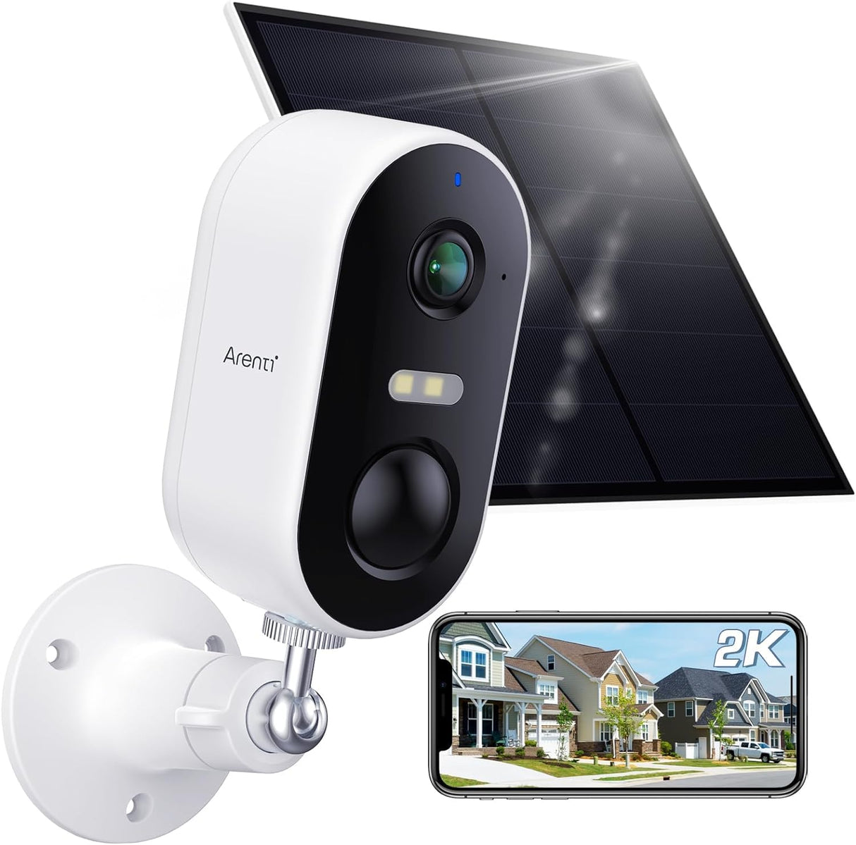 ARENTI Cámara inalámbrica de Seguridad al Aire Libre con Panel Solar, cámara con batería, IP65 Impermeable, Audio de 2 vías, Compatible con Alexa, Google,White