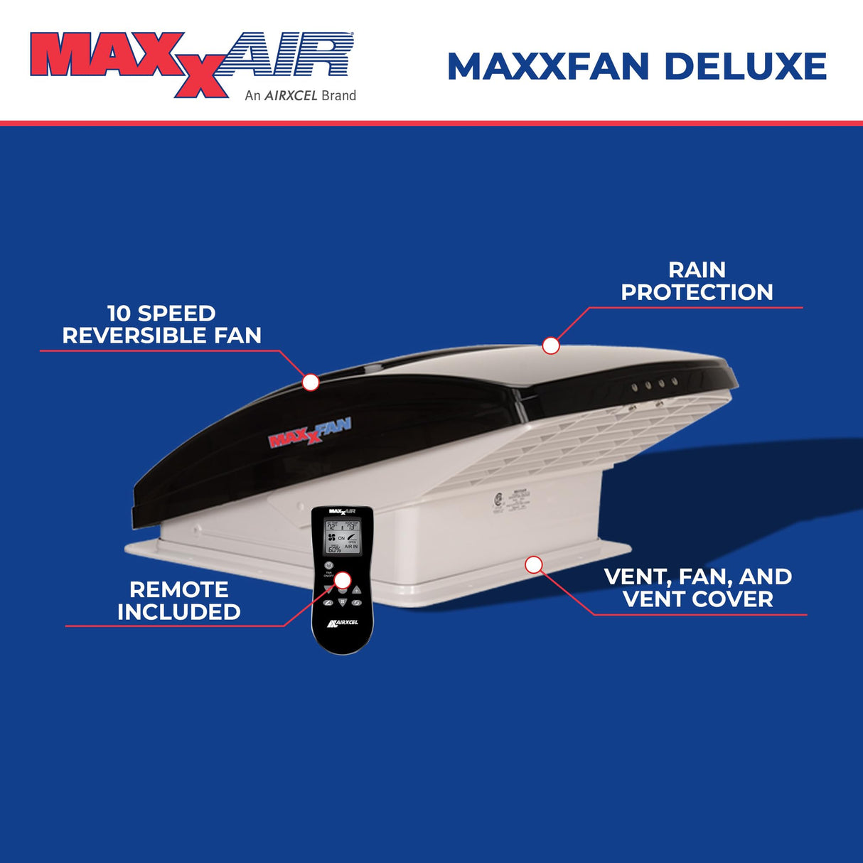 MAXXAIR Maxxfan Deluxe - Ventilador y cubierta de ventilación, todo en uno, potente ventilador reversible de 10 velocidades con termostato, cubierta de lluvia integrada, control remoto, ventilador de