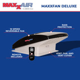 MAXXAIR Maxxfan Deluxe - Ventilador y cubierta de ventilación, todo en uno, potente ventilador reversible de 10 velocidades con termostato, cubierta de lluvia integrada, control remoto, ventilador de
