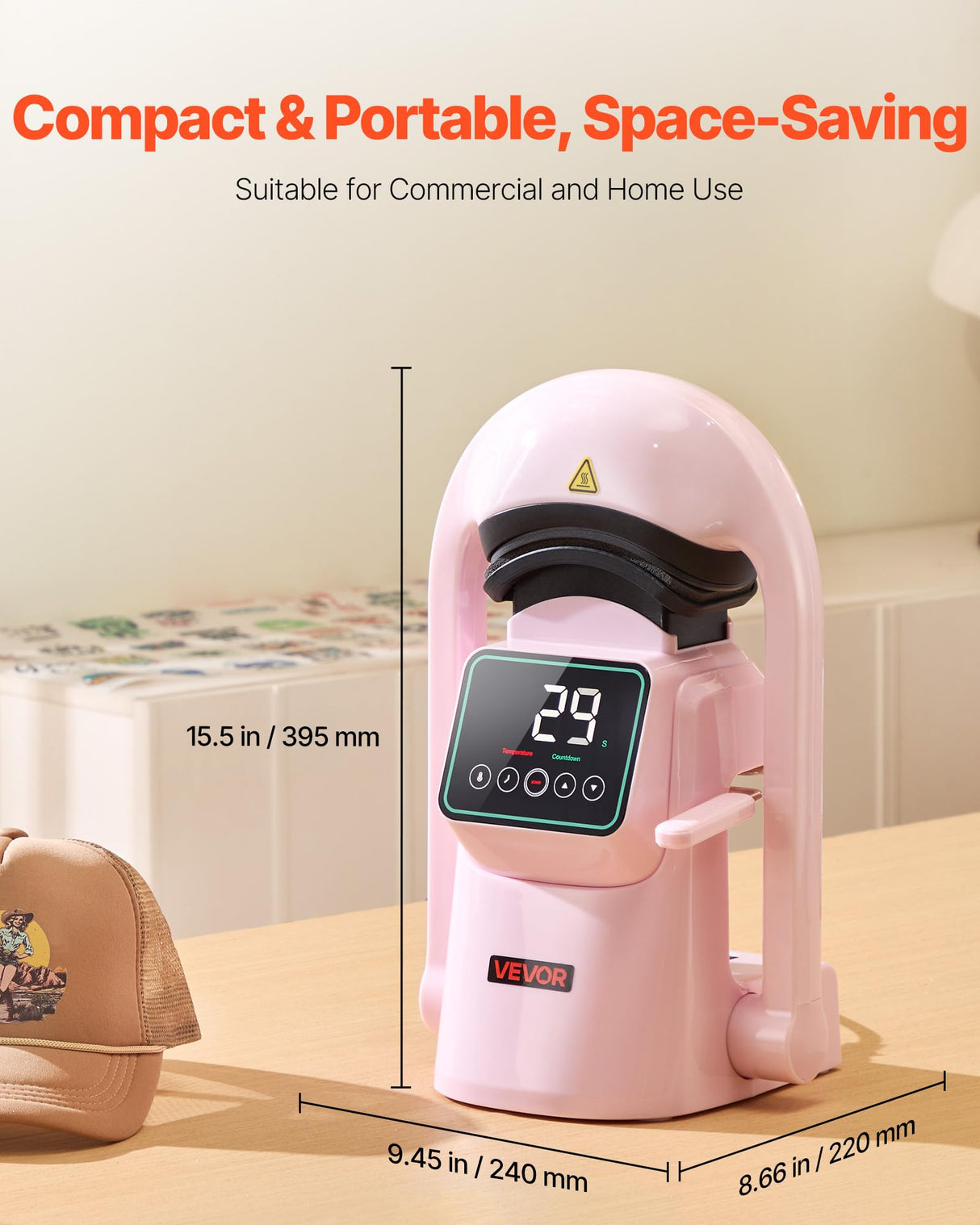 VEVOR Prensa Térmica Automática para Gorras con 2 Platinas Intercambiables Pantalla Táctil para un Control Preciso de Tiempo y Temperatura, Impresión por Transferencia Térmica para Sombreros, Rosa