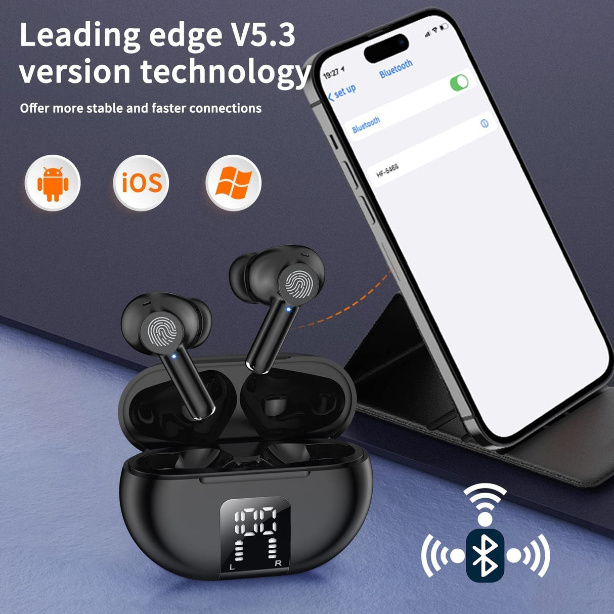 ASDRTB Auriculares inalámbricos Auriculares Auriculares de reducción de Ruido estéreo de Alta fidelidad, con micrófono, Tiempo de reproducción 48h, Pantalla LED Doble, Carrera Impermeable ip7