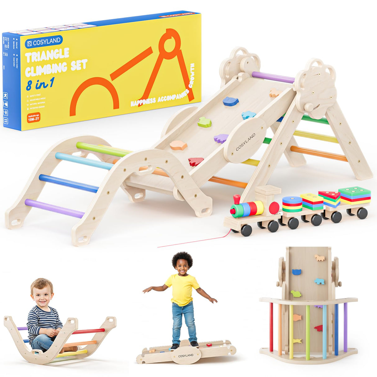 COSYLAND 8 en 1 Triángulo de Escalada Montessori con Arco y Rampa, Set Plegable Infantil, Juguete de Madera Resistente para Interior, Niños 18 Meses-6 años, Colores Arcoíris, Mediano