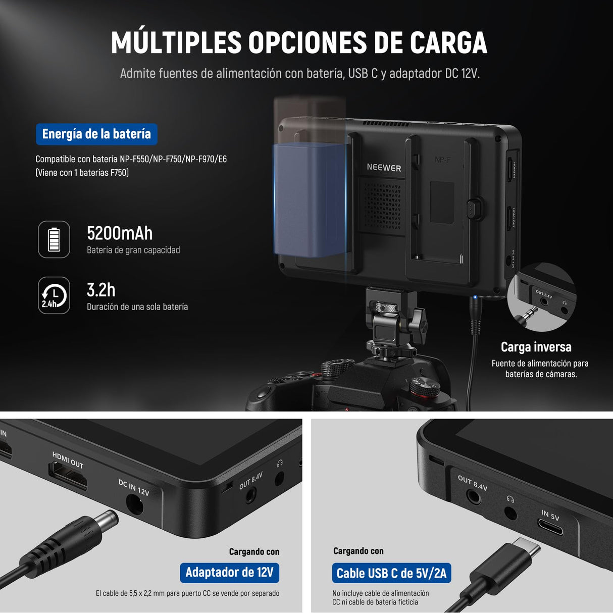 NEEWER F700 7" Monitor Campo Cámara, 2000nit HD 1920x1080 IPS Pantalla Táctil con 3D LUT, 4K HDMI Loop in/out con Peak Focus Asistencia Video DSLR Onda HDR,Montaje Zapata Fría,5200mAh Batería y Cable