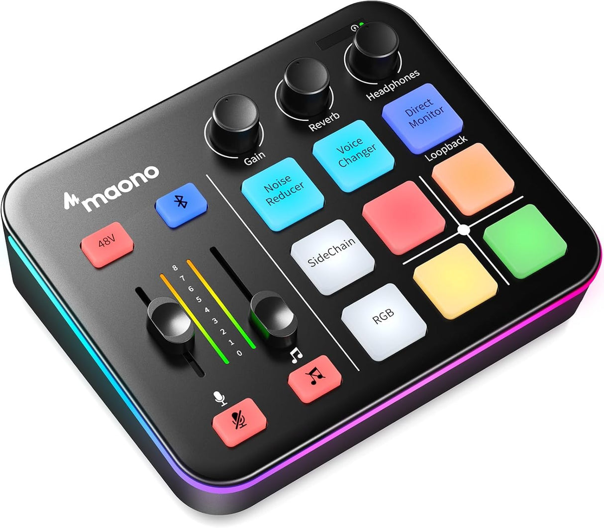 MAONO Mezclador de audio para juegos, interfaz de audio con preamplificador profesional, RGB, Bluetooth, alimentación fantasma de 48 V para transmisión en vivo, podcasting, creación de contenido,