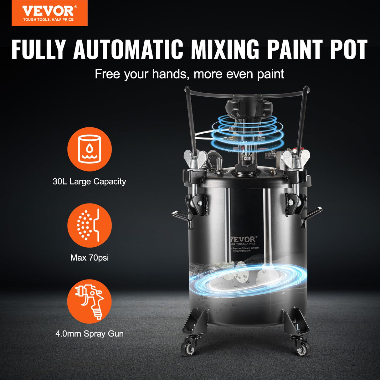VEVOR Tanque a Presión para Pintura en Aerosol de Agitación Automática de 30 L Presión Ajustable de 70 PSI, Tanque de Pintura a Presión con Pistola Rociadora y Mangueras para la Decoración del Hogar