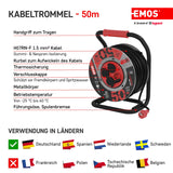 EMOS tambor cable 50 m acero, 4 Schuko, 230 V 16 A 3680 W, goma H07RN-F 1.5 mm², IP44, resistente agua, golpes, aceite, intemperie