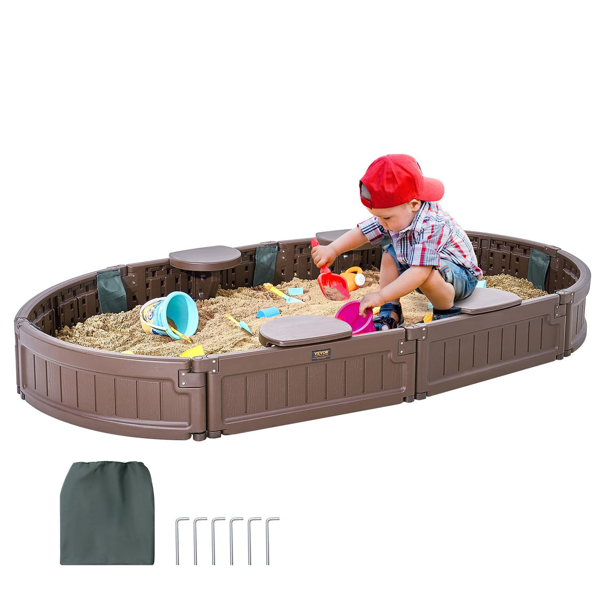 VEVOR Caja de Arena con Tapa Areno de HDPE Ovalado de 183x105,5x23cm con 4 Asientos en Las Esquinas y Revestimiento Inferior para Niños de 3 a 12 Años para Patio al Aire Libre, Playa, Parque, Marrón