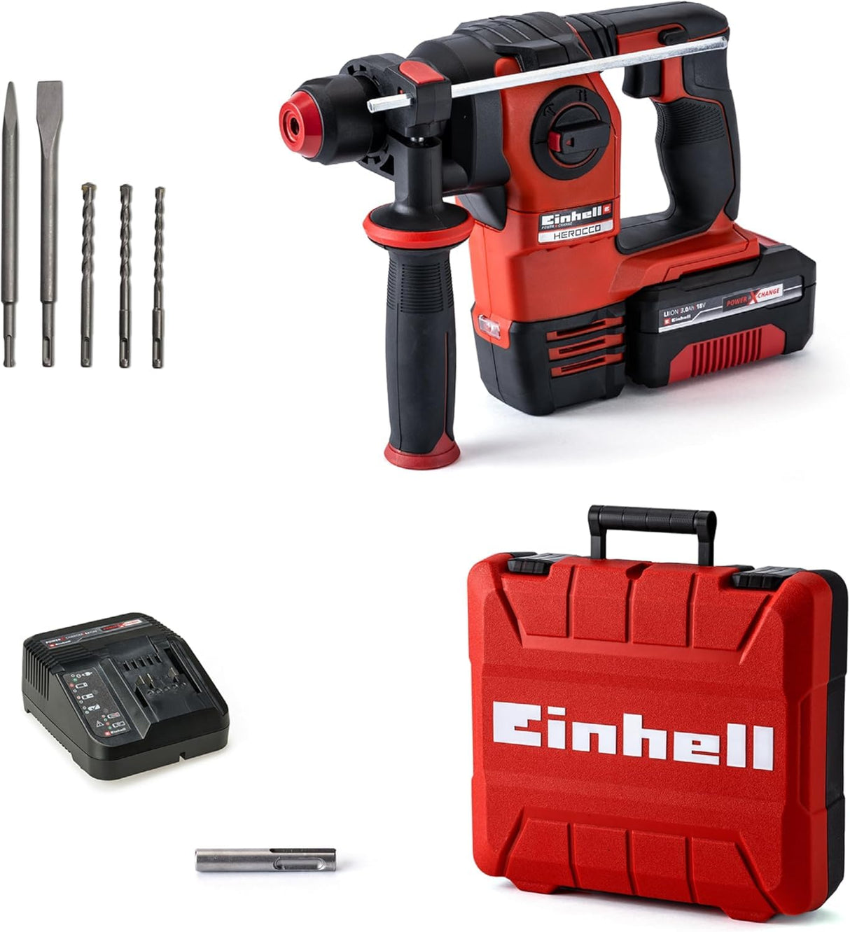 Einhell Kit Martillo perforador con batería HEROCCO+5 Power X-Change (iones de litio, 18 V, 2.2 J, 18 Nm, SDS-Plus, incl. batería 3,0 Ah, cargador, 3 brocas, cincel plano, cincel punta y E-Box)