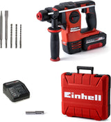 Einhell Kit Martillo perforador con batería HEROCCO+5 Power X-Change (iones de litio, 18 V, 2.2 J, 18 Nm, SDS-Plus, incl. batería 3,0 Ah, cargador, 3 brocas, cincel plano, cincel punta y E-Box)