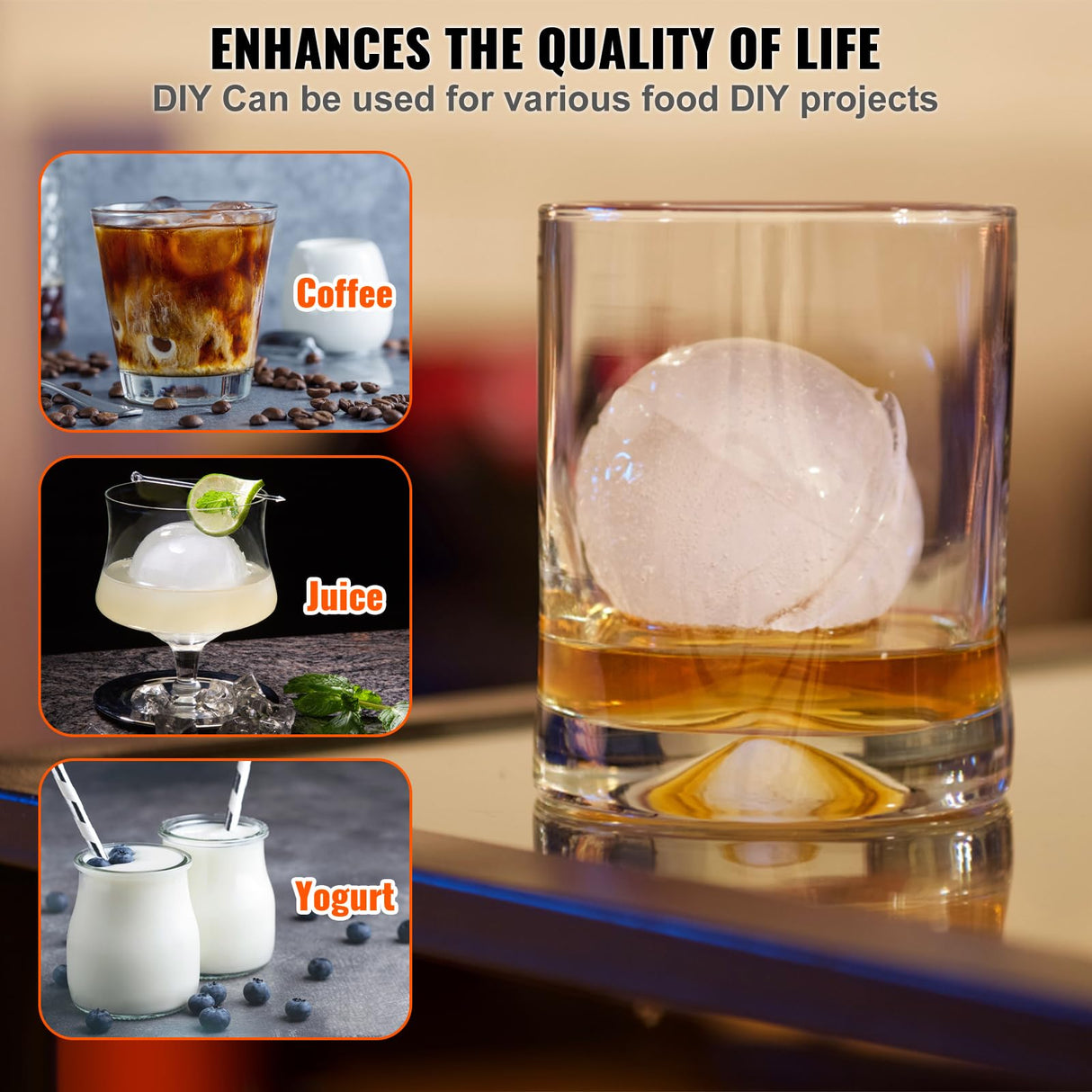 VEVOR Kit de Prensa de Bolas de Hielo Prensa de Hielo de Aleación de Aviación con Molde para Bloques de Hielo Fabricador de Bolas de Hielo Redondas de 60 mm, para Whisky, Cócteles en Fiestas