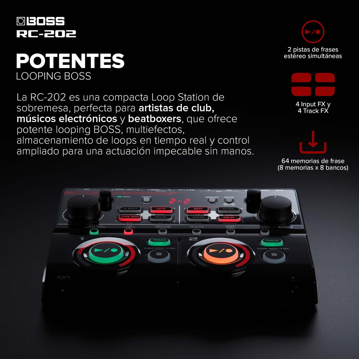 BOSS RC-202 Loop Station | Loops con las manos para creadores musicales progresivos | Dos pistas estéreo | 64 memorias de frase | Interfaz de audio/MIDI USB