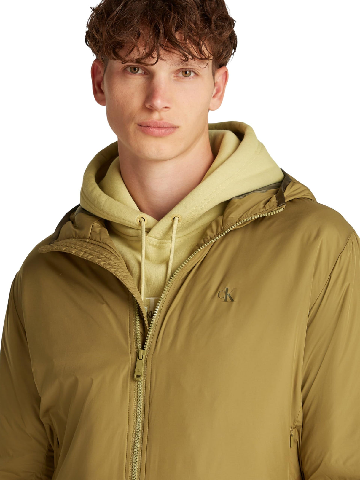 Calvin Klein Chaqueta cortavientos Hombre Hi-Neck con capucha, Verde (Gothic Olive), XS