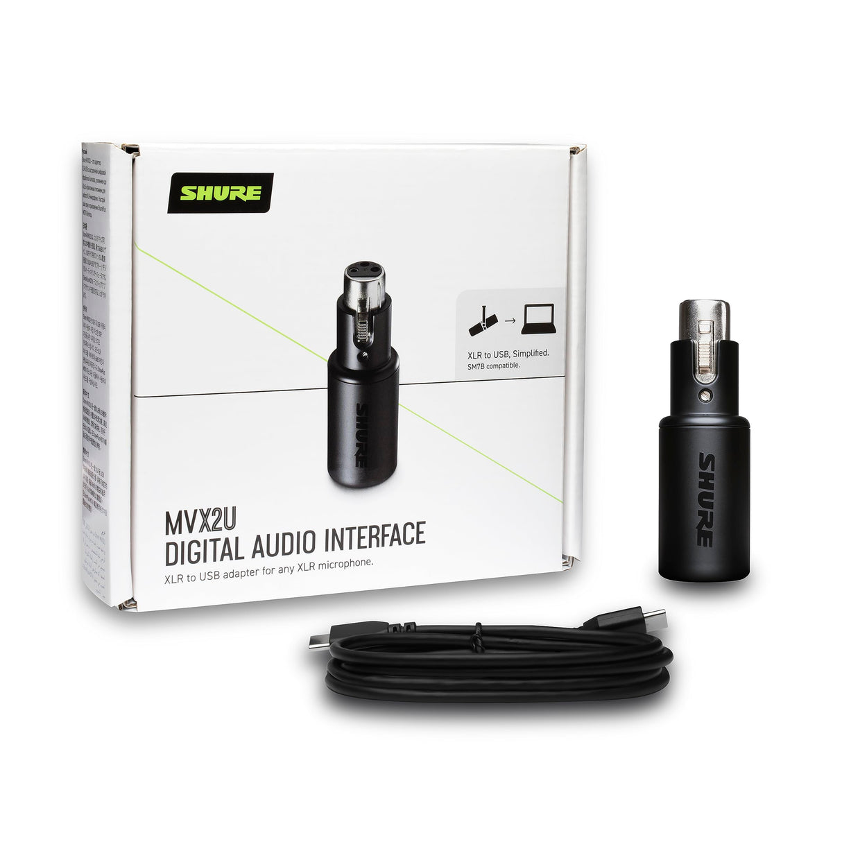 Interfaz digital Shure MVX2U XLR a USB con conector para auriculares, preamplificador integrado con control de ganancia de 60dB, monitorización sin latencia, alimentación fantasma de 48V