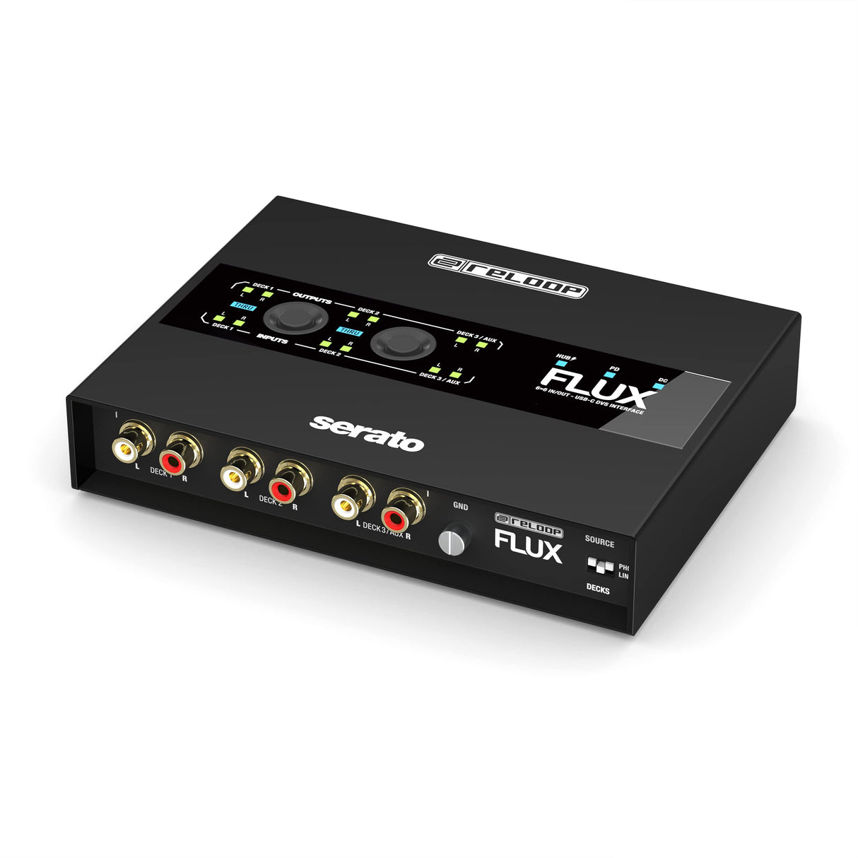 Reloop Flux - Interfaz DVS 6x6 IN/OUT USB-C Club-ready para Serato DJ Pro, 24 bits/96 kHz, compatible con giradiscos, CDJs u otros reproductores multimedia, hub USB-A de 2 puertos