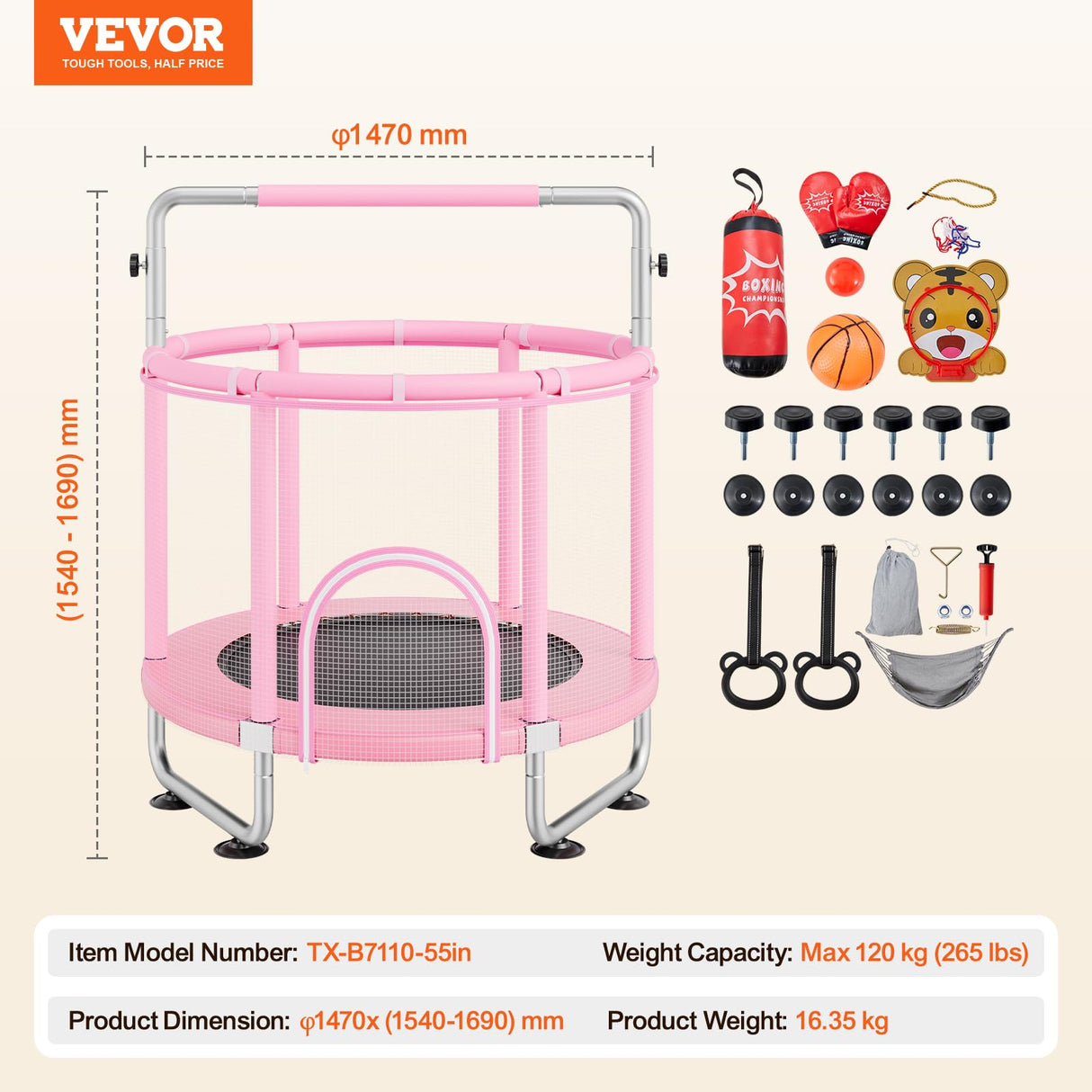 VEVOR Trampolín para Niños para Interiores y Exteriores, Mini Trampolín Recreativo para Niños Pequeños con Red de Seguridad y Aro de Baloncesto, para Niños de más de 3 Años, 1470 x (1540-1690)mm, Rosa