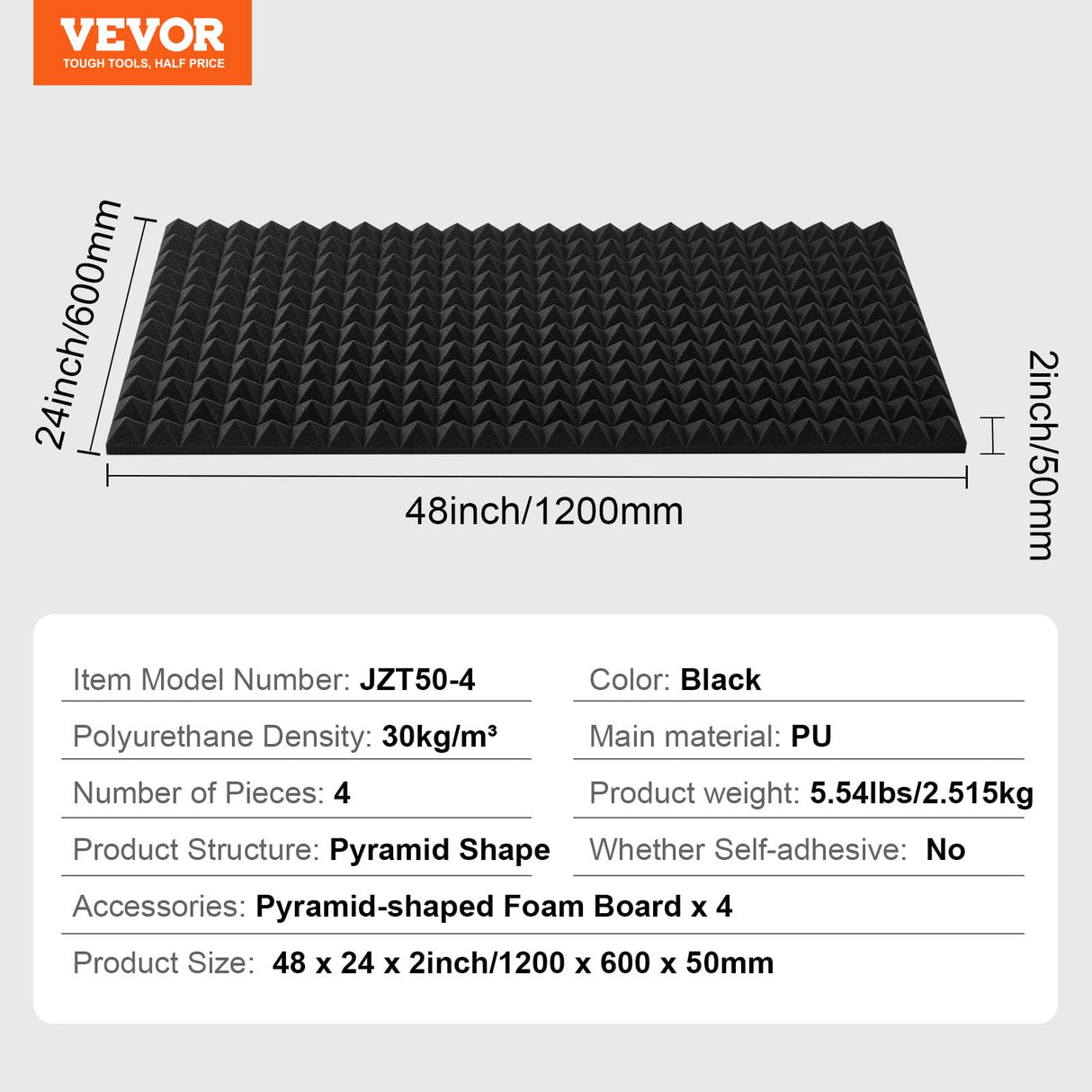 VEVOR Paneles de Espuma Acústica 1200 x 600 x 50 mm, Paneles de Pared Insonorizados con Diseño Piramidal, Resistentes al Fuego, Paneles Absorbentes de Sonido para Paredes y Techos de Estudios, 4 uds