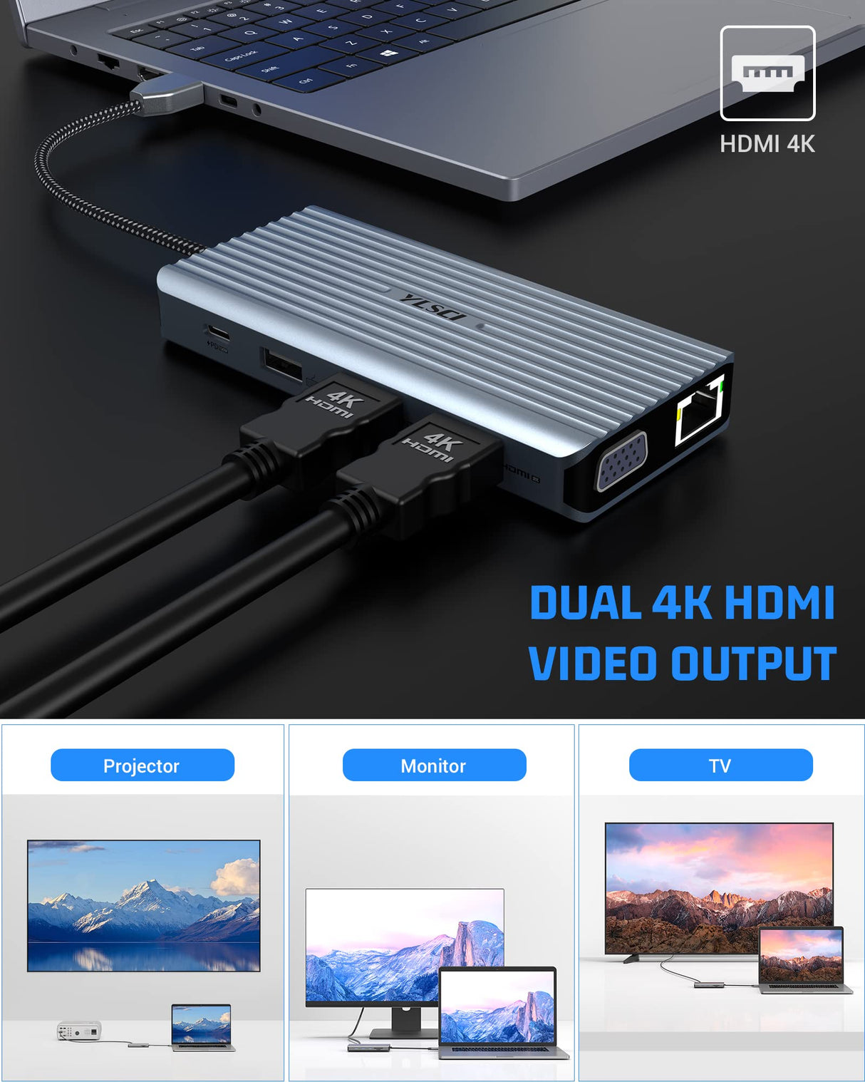YLSCI USB C Hub, 12 en 1 Docking Station, 2xHDMI, VGA, Puerto Ethernet, 3xUSB 3.0, USB 2.0, 100W PD, SD/TF-Reader, Audio/Micrófono Utilizado en MacBook Pro/MacBook Air