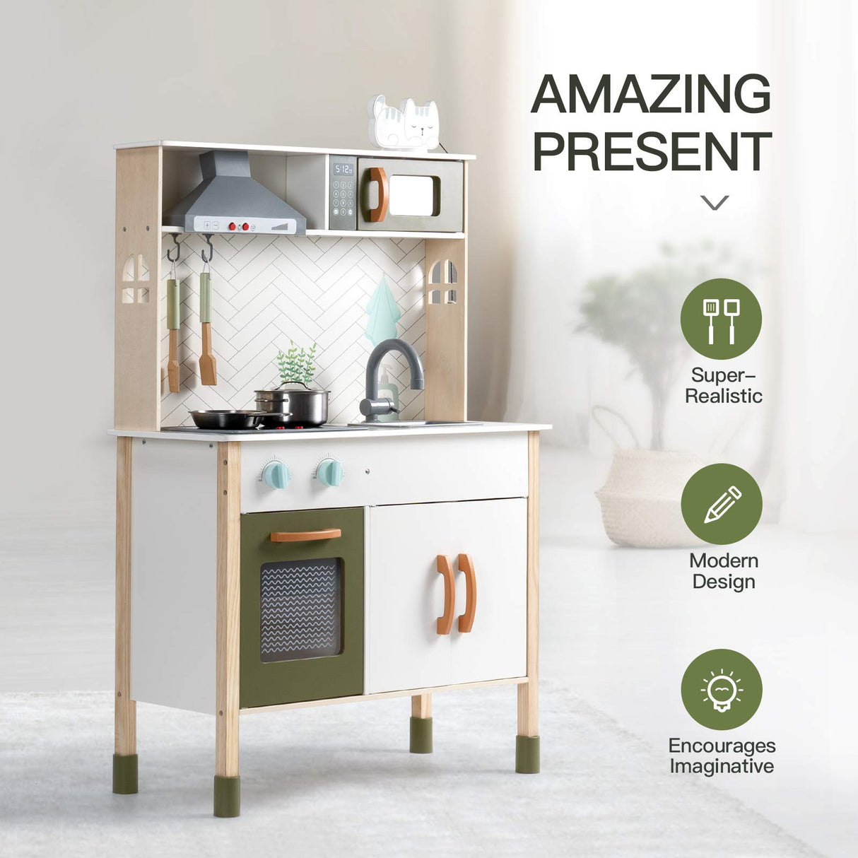ROBUD Cocina Infantil de Madera con luz y Sonido, Juegos de Juguetes de Cocina para niños, Accesorios, Campana extractora, Horno microondas, para niños pequeños a Partir de 3 años
