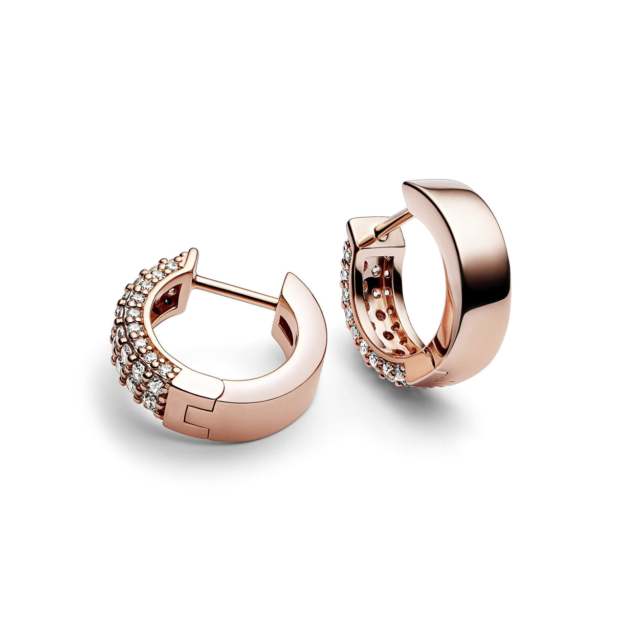 Pandora Timeless Pendientes de aro con diseño de fila doble y engaste pavé chapados en oro rosa de 14 quilates con circonitas cúbicas transparentes