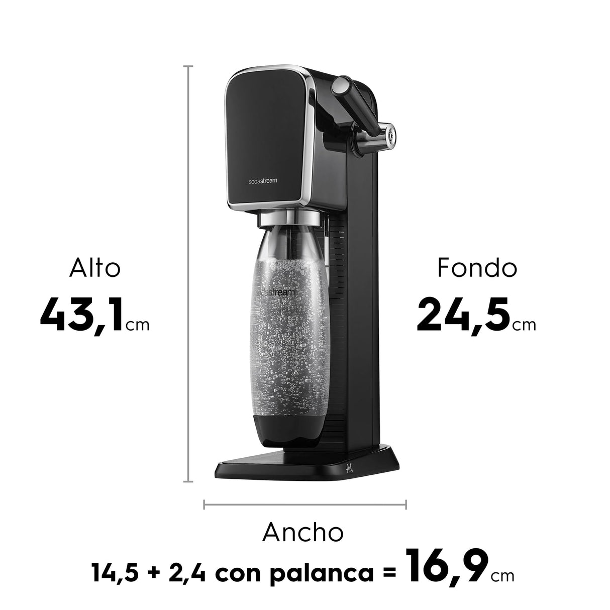 SodaStream Art - Máquina Gasificadora de Agua, con 1 Botella Fuse de 1 L de Plástico Reutilizable y 1 Cilindro de Gas Quick Connect, Hasta 60L de Agua con Gas, Diseño Elegante, Uso Fácil, Color Negro