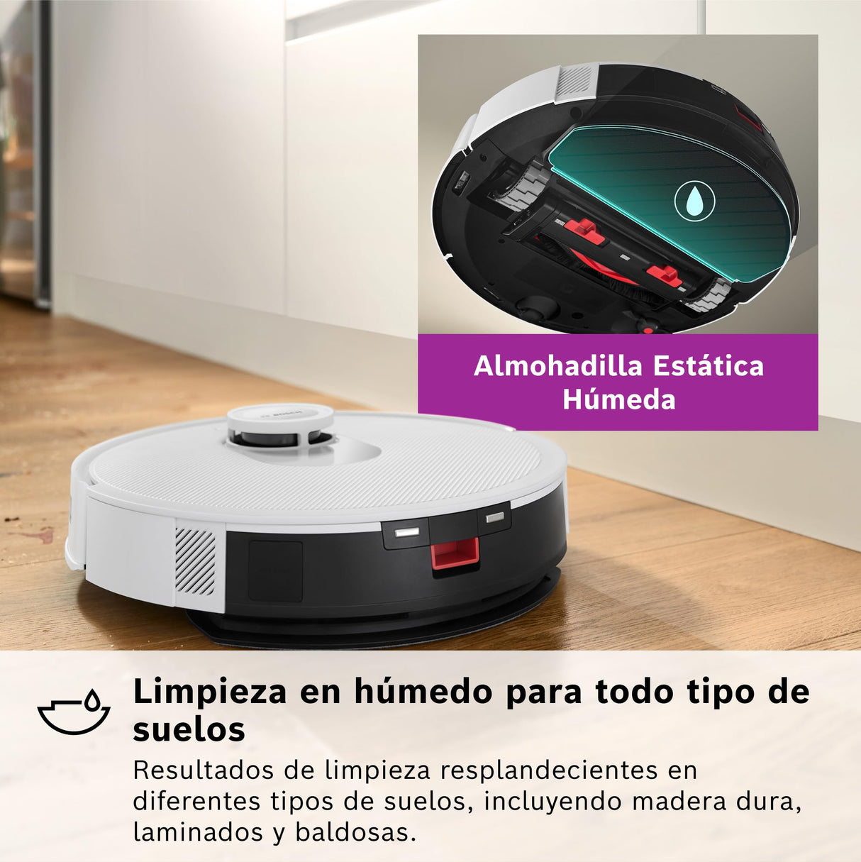 Bosch - Robot Aspirador Spotless +, BCRD1W, aspira y friega, Potencia 11.000 Pa², Almohadilla húmeda Fija, estación Seca, Sistema Inteligente de visión por Infrarrojos, Bosch Home Connect App, Blanco