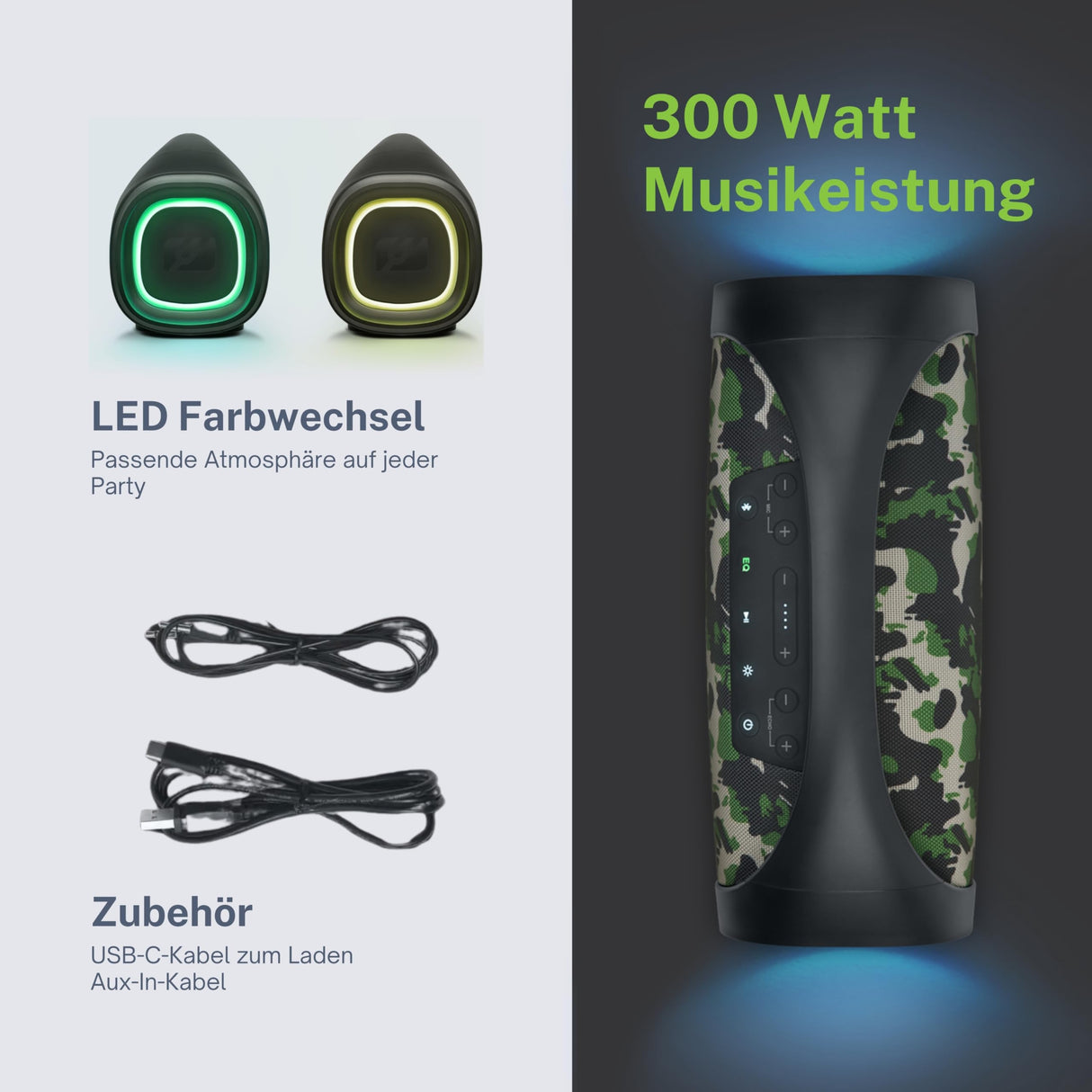 Muse M 980 CA. Altavoz Bluetooth Resistente a Las Salpicaduras con Luces incorporadas. 300 W de Potencia. Posibilidad de par Stereo. Concector de Carga USB-C. Puerto USB de Carga y repodrucción.