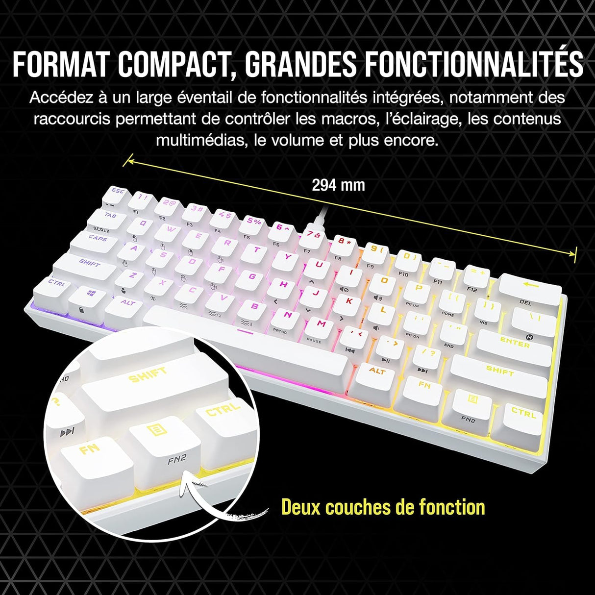 Corsair K65 RGB Mini 60% Teclado de Juego con Cable mecánico – Switches lineales Cherry MX Red – Teclas PBT de Doble Salida, Compatible con iCUE – AZERTY FR – PC, Mac, Xbox – Blanco