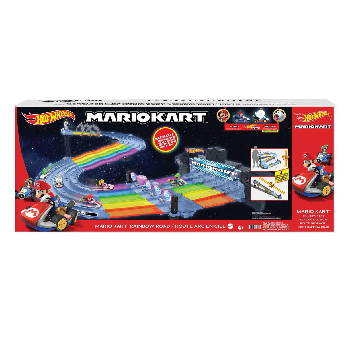 Hot Wheels Mario Kart Pista Arcoiris de Coches de Juguete con Luces y Sonidos, Incluye 2 vehículos Personaje Die-Cast (Mattel GXX41)