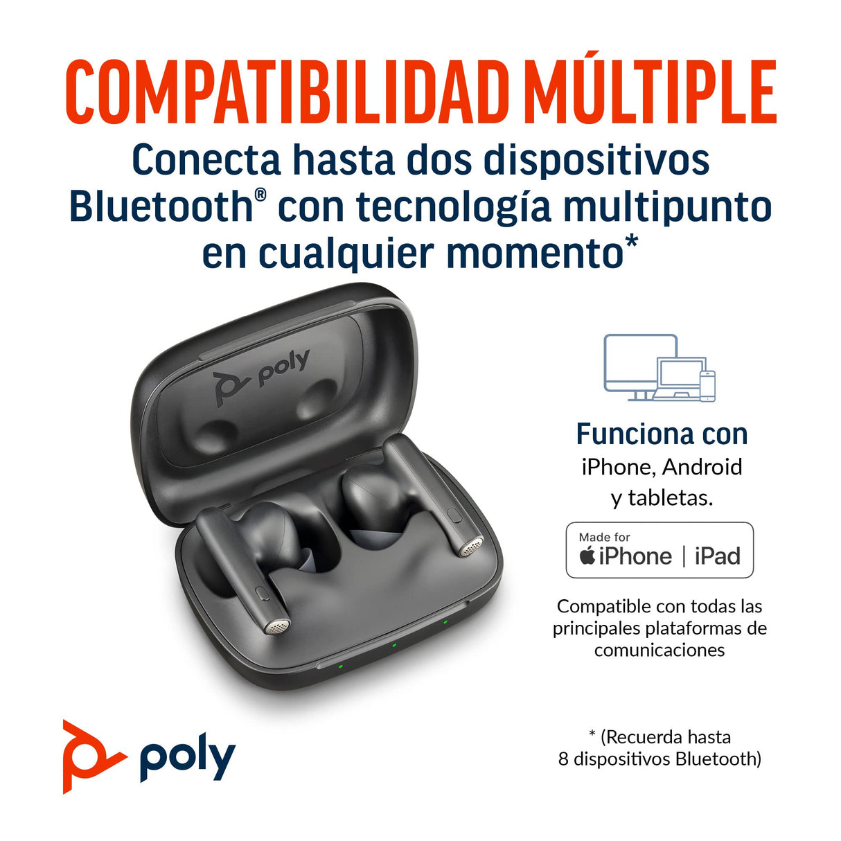Audífonos Voyager Free 60 con gran capacidad inalámbrica de Poly (Plantronics) — Micrófonos con cancelación — Cancelación de ruido activa (ANC), Estuche de carga portátil, Compatible: iPhone, Android