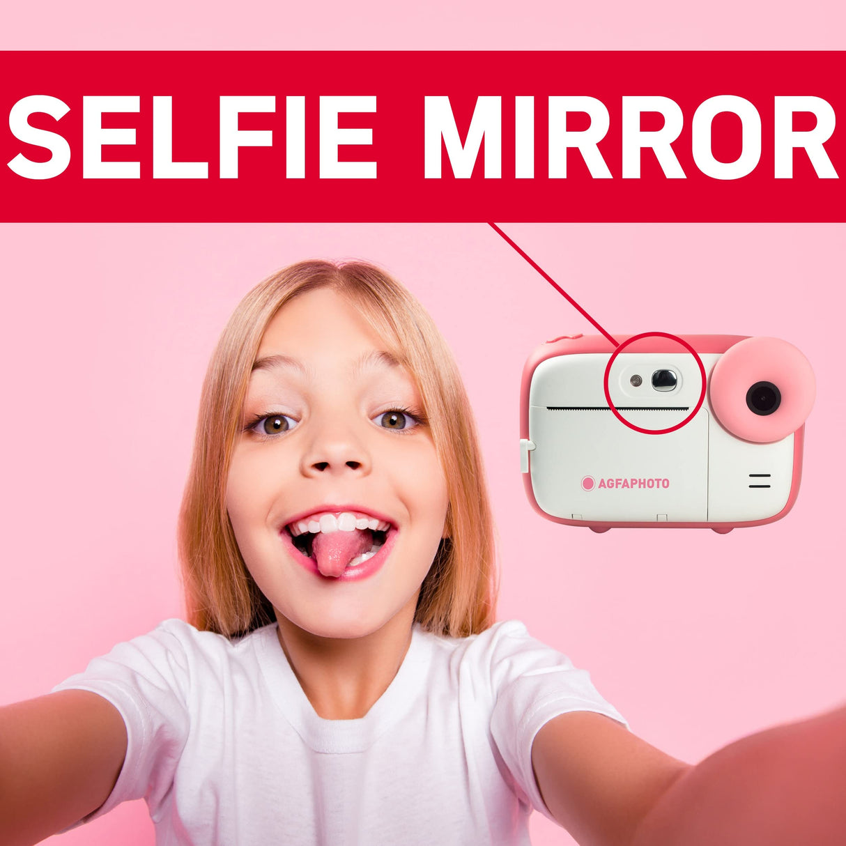 AgfaPhoto Realikids Cámara instantánea + 1 Tarjeta Micro SD de 32 GB + 3 Rollos de Papel térmico ATP3WH - Cámara instantánea para niños, Pantalla LCD de 2.4 Pulgadas, Espejo Selfie y Filtro de Fotos