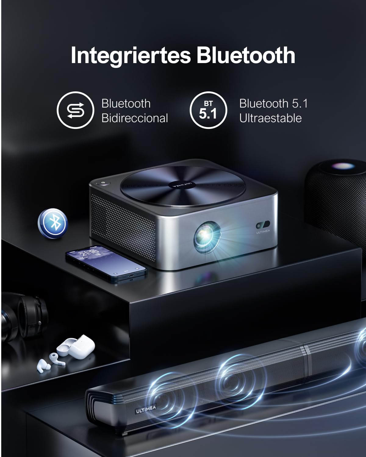 ULTIMEA Proyector Full HD 1080P Nativo con Auto Focus/Keystone, Proyector 4K Supporto Cine en Casa 21000Lux, Proyector 5G WiFi Bluetooth, Proyectores Cinema para iOS Android Phone/TV Stick/Laptop