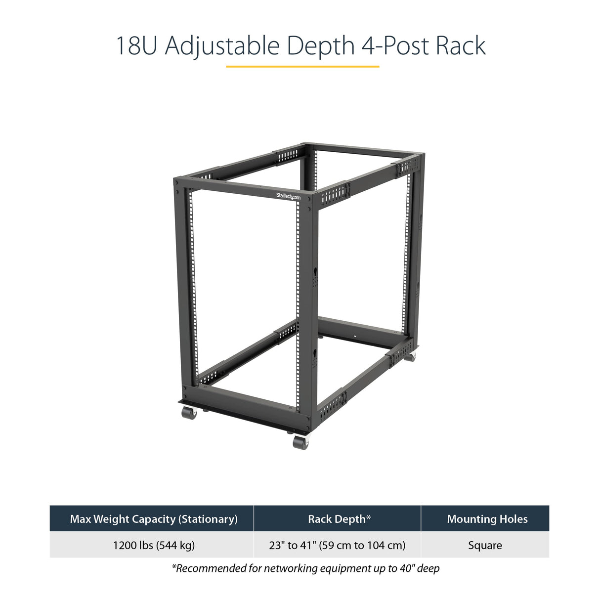 StarTech.com Rack 18U Móvil de Marco Abierto de 4 Columnas para Servidores, Rack de Cuatro Columnas de 19 Pulgadas para Equipo de Red e Informático, Ruedas o Patas Niveladoras, 4POSTRACK18U