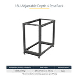 StarTech.com Rack 18U Móvil de Marco Abierto de 4 Columnas para Servidores, Rack de Cuatro Columnas de 19 Pulgadas para Equipo de Red e Informático, Ruedas o Patas Niveladoras, 4POSTRACK18U