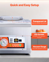 VEVOR Sellador al Vacío, 180W de Potencia de Motor y 260W de Sellado, Máquina de Envasado a Vacío, Acero Inoxidable, Máquina Selladora de Cámara, 33x25cm de Máx. Tamaño de Sellado, Hogar, Supermercado